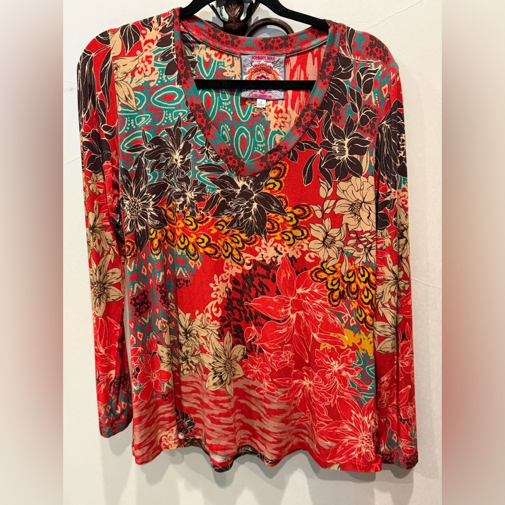 Johnny Was Red Multicolor Floral V-Neck Long Sleeve Top